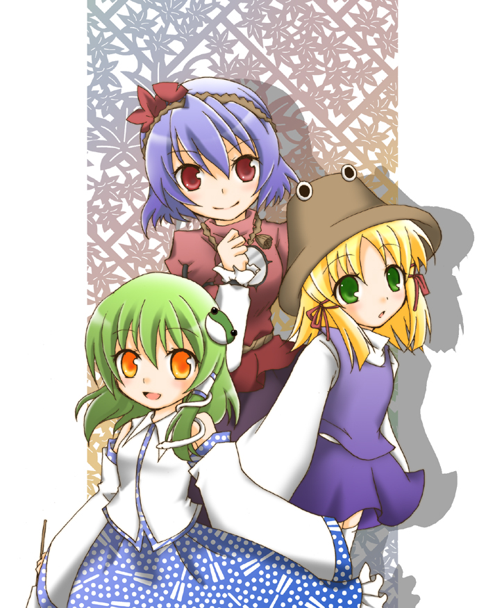 kashiwa, kashiwadokoro, kochiya sanae, moriya suwako, yasaka kanako, touhou, bad id, bad pixiv id, 3girls, blonde hair, detached sleeves, female focus, frog, green eyes, green hair, hair ornament, hat, japanese clothes, leaf hair ornament, long hair, miko, multiple girls, orange eyes, purple hair, red eyes, rope, short hair