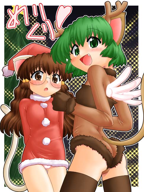 hase yu, nyano, original, 2girls, animal ears, arms behind back, blush, brown eyes, brown hair, cat ears, cat tail, fang, flat chest, glasses, green eyes, green hair, hat, horns, long hair, merry christmas, multiple girls, open mouth, panties, santa hat, short hair, smile, tail, thighhighs, underwear, white panties, wings