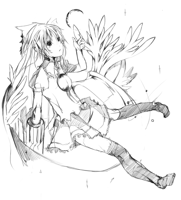 kereno, reiuji utsuho, touhou, 1girl, female focus, full body, greyscale, monochrome, sketch, skirt, socks, solo, white background, wings