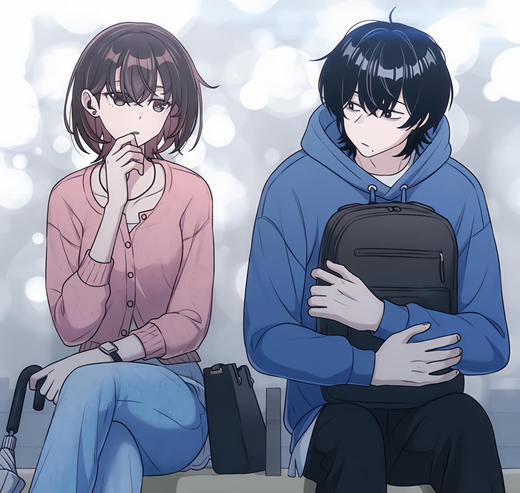 1boy, 1girl, backpack, bag, black hair, black pants, blue pants, blue sweater, brown hair, couple, grey background, grey eyes, jang chae-rin, job changes log, kang donggu, medium hair, pants, pink sweater, sitting, sweater, talking, thinking