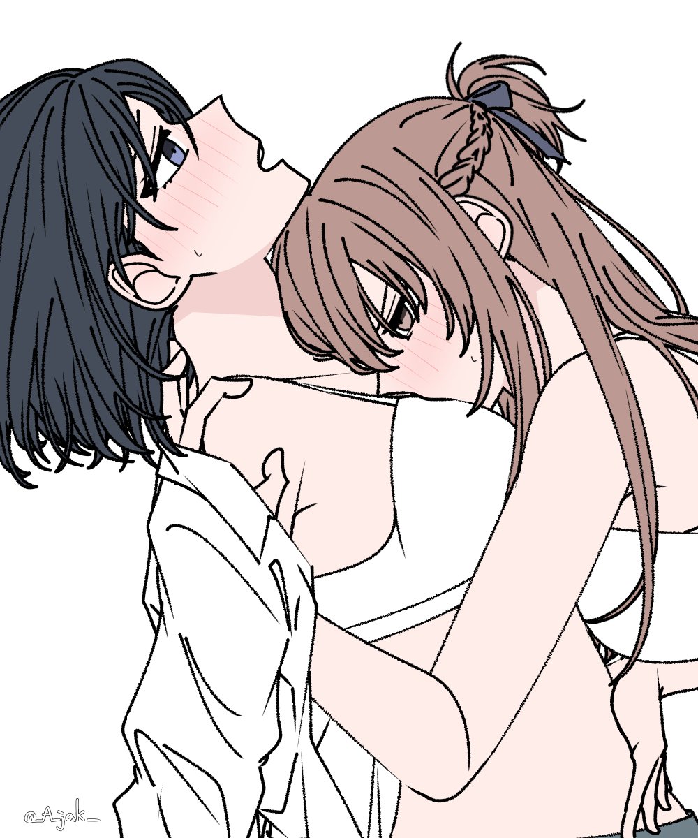 a jak, miyagi shiori, sendai hazuki, shuuniichido classmate wo kau hanashi, highres, 2girls, black hair, blue eyes, blush, bra, brown eyes, brown hair, hand on another's shoulder, kissing breast, long hair, medium hair, multiple girls, open clothes, open mouth, open shirt, shirt, simple background, underwear, white background, white bra, white shirt, yuri