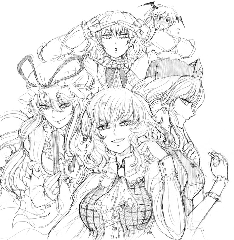 chihiro (kemonomichi), kazami yuuka, koakuma, mizuhashi parsee, yagokoro eirin, yakumo yukari, touhou, 5girls, adjusting hair, ascot, breasts, female focus, folded fan, folding fan, greyscale, grin, hand fan, hat, head wings, large breasts, monochrome, multiple girls, pill, plaid clothes, plaid vest, pointy ears, smile, smirk, vest, wings