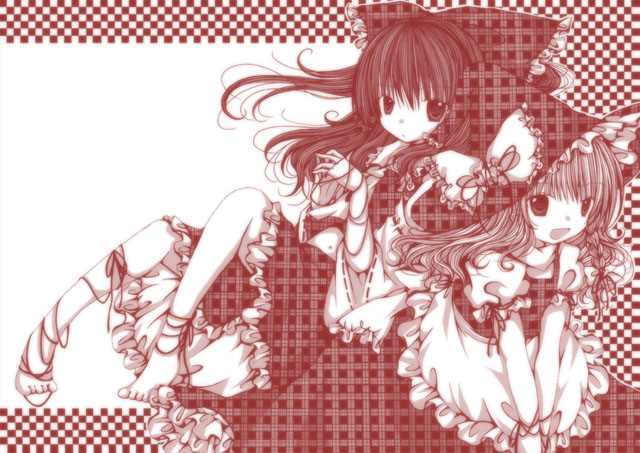 kasuga sunao, hakurei reimu, kirisame marisa, touhou, plaid, 2girls, apron, barefoot, bow, braid, checkered background, dress, female focus, hair bow, hair tubes, hat, hat bow, midriff, monochrome, multiple girls, red theme, side braid, skirt, skirt set, smile, string, unmoving pattern, v arms, witch hat