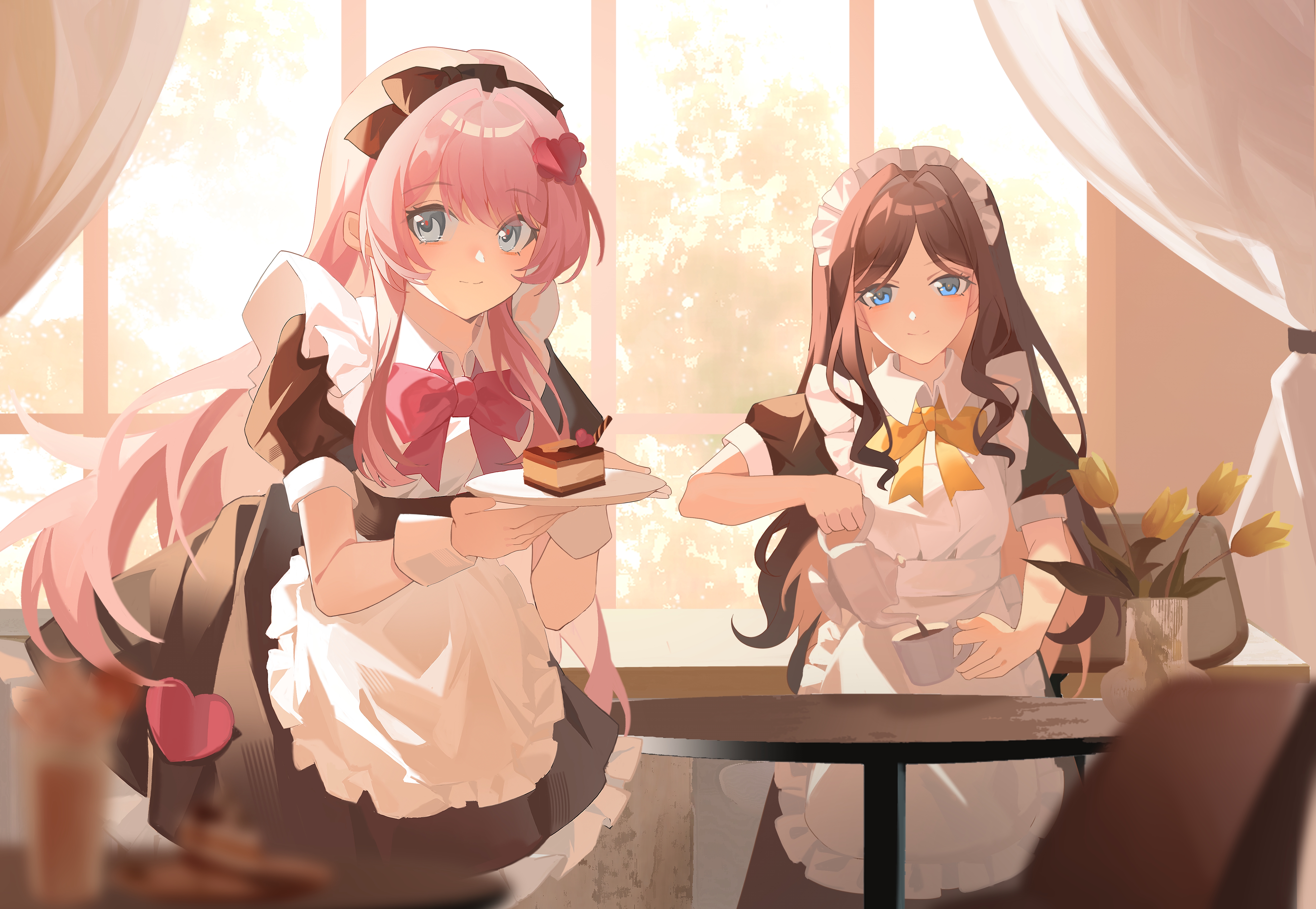 yinranluo, chihaya anon, nagasaki soyo, bang dream!, bang dream! it's mygo!!!!!, absurdres, chinese commentary, commentary request, highres, 2girls, black bow, black dress, blue eyes, bow, bowtie, brown hair, closed mouth, curtains, dress, grey eyes, hair bow, indoors, long hair, maid, maid headdress, multiple girls, pink bow, pink bowtie, pink hair, sidelocks, table, window, yellow bow, yellow bowtie
