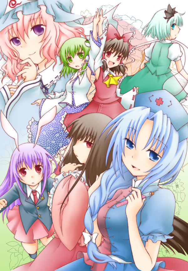 kashiwa, kashiwadokoro, hakurei reimu, houraisan kaguya, kochiya sanae, konpaku youmu, konpaku youmu (ghost), reisen udongein inaba, saigyouji yuyuko, yagokoro eirin, touhou, silver hair, 6+girls, :d, animal ears, arm up, black hair, blue eyes, detached sleeves, female focus, formal clothes, green hair, hat, hitodama, long hair, long sleeves, looking at viewer, mob cap, multiple girls, necktie, open mouth, pink hair, rabbit ears, red eyes, red necktie, shoes, smile, suit, triangular headpiece, very long hair
