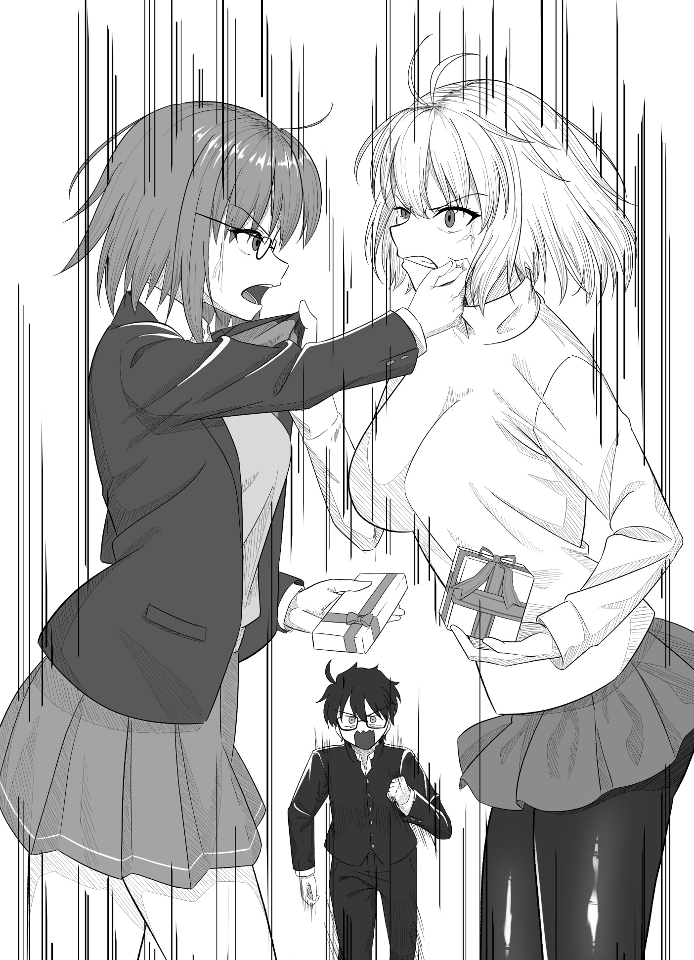 yowatari party, arcueid brunestud, ciel (tsukihime), tohno shiki, tsukihime, tsukihime (remake), highres, 1boy, 2girls, ahoge, anger vein, angry, black hair, black pantyhose, breasts, cheek pinching, fighting, gift, glasses, hair between eyes, holding, holding gift, jacket, large breasts, looking at another, monochrome, multiple girls, open clothes, open jacket, pantyhose, pinching, pulling another's clothes, ribbon, running towards viewer, school uniform, short hair, skirt, souya high school uniform, sweater, turtleneck, turtleneck sweater, vest