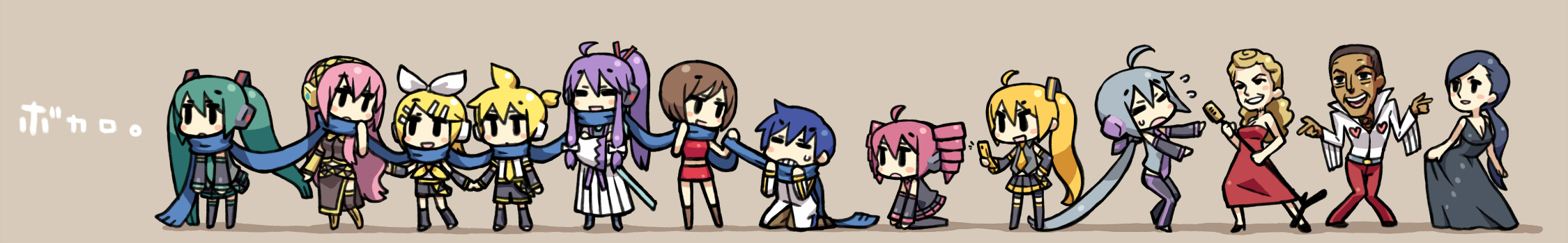 chan co, akita neru, hatsune miku, kagamine len, kagamine rin, kaito (vocaloid), kamui gakupo, kasane teto, kasane teto (utau), leon (vocaloid), lola (vocaloid), megurine luka, meiko (vocaloid), parco folgore, prima, sweet ann, yowane haku, utau, vocaloid, highres, long image, wide image, 4boys, 6+girls, blue scarf, brown background, cellphone, chibi, copyright name, cosplay, crossover, dark-skinned male, dark skin, everyone, high ponytail, high side ponytail, holding hands, knees together feet apart, long hair, low ponytail, miniskirt, multiple boys, multiple girls, parco folgore (cosplay), phone, ponytail, scarf, shared clothes, shared scarf, simple background, skirt, skirt hold, standing, strangling, thighhighs, very long hair