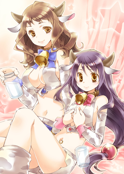 shima (6land), shima (artist), original, bad id, bad pixiv id, 2girls, animal ears, animal print, bell, bottle, breasts, brown eyes, brown hair, collar, cow ears, cow print, elbow gloves, flat chest, gloves, horns, large breasts, long hair, midriff, milk, milk bottle, multiple girls, navel, navel piercing, neck bell, piercing, purple hair, shorts, smile
