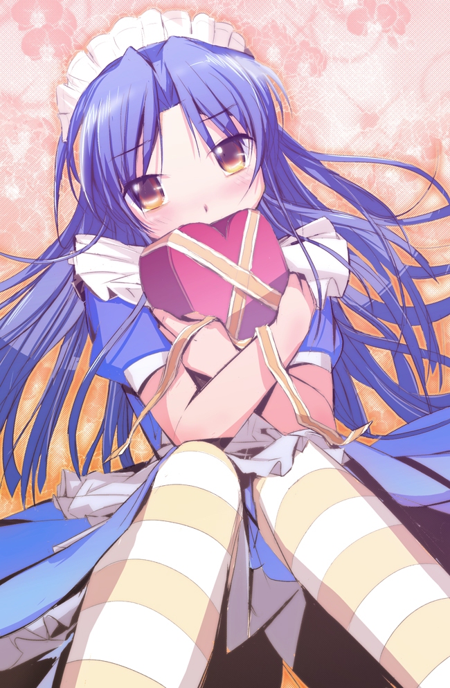 misagi nagu, kisaragi chihaya, idolmaster, idolmaster (classic), idolmaster 1, maid fairy tale, 00s, blue hair, blush, brown eyes, chocolate, dress, hug, long hair, maid headdress, solo, striped clothes, striped thighhighs, thighhighs, valentine