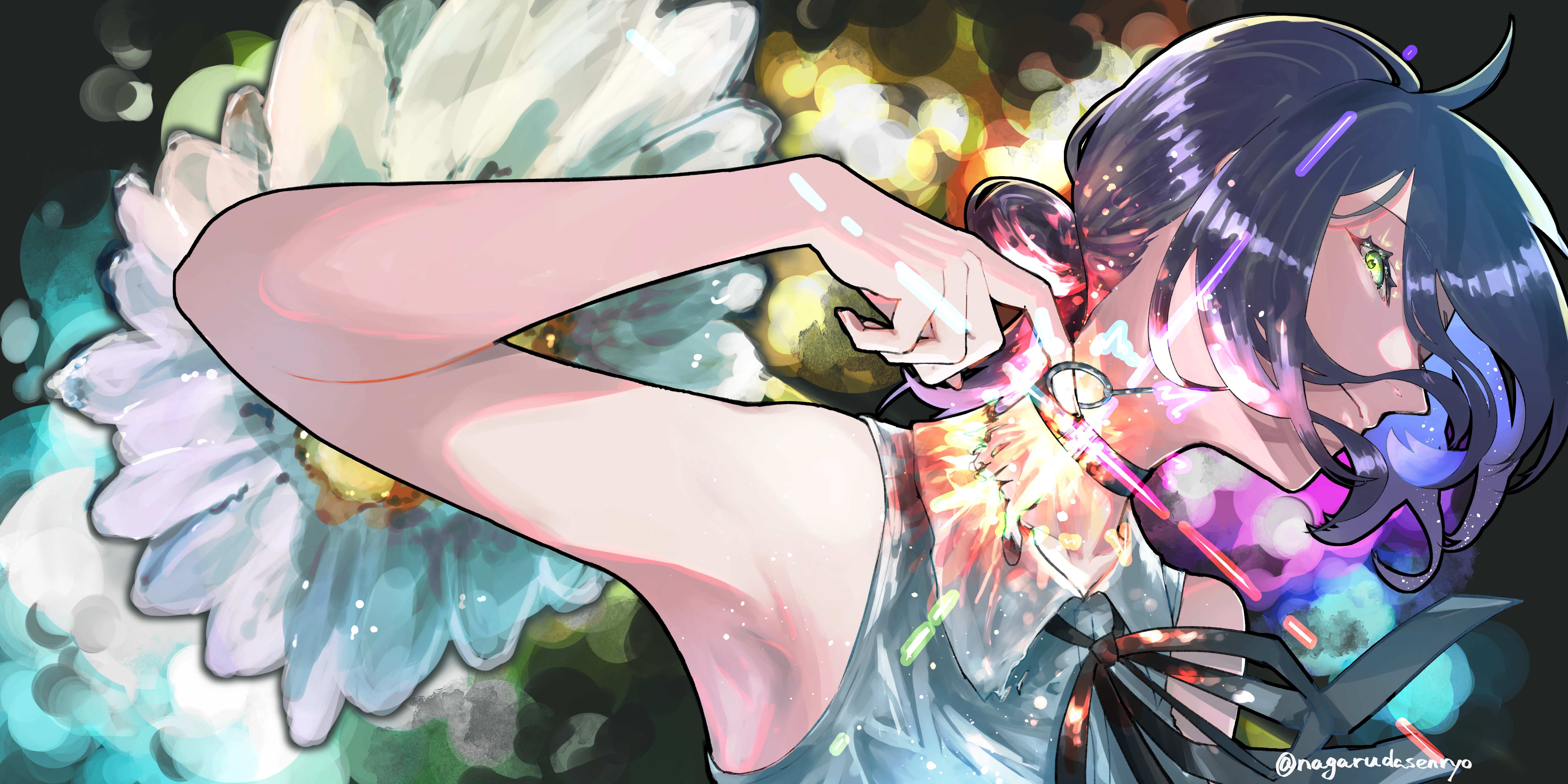 reze (chainsaw man), chainsaw man, absurdres, highres, 1girl, armpits, black choker, black hair, black ribbon, choker, closed mouth, collared shirt, flower, green eyes, grenade pin, grey shirt, hair bun, imminent explosion, nagarudasenryo, neck ribbon, ribbon, shirt, sleeveless, sleeveless shirt, solo, white flower