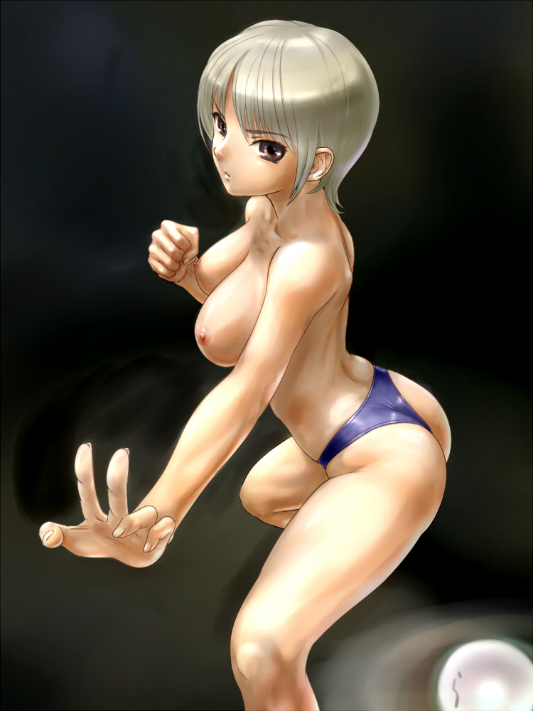 rasukaru, original, light brown hair, 1girl, ass, breasts, brown eyes, female focus, fighting stance, large breasts, nipples, panties, short hair, solo, topless female, underwear