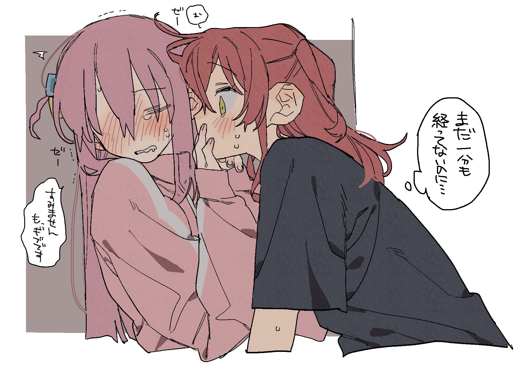 dayama, gotoh hitori, kita ikuyo, bocchi the rock!, commentary request, highres, 2girls, black shirt, blush, closed eyes, green eyes, jacket, long hair, multiple girls, one side up, parted lips, pink hair, pink jacket, red hair, rejected kiss, shirt, speech bubble, thought bubble, track jacket, yuri
