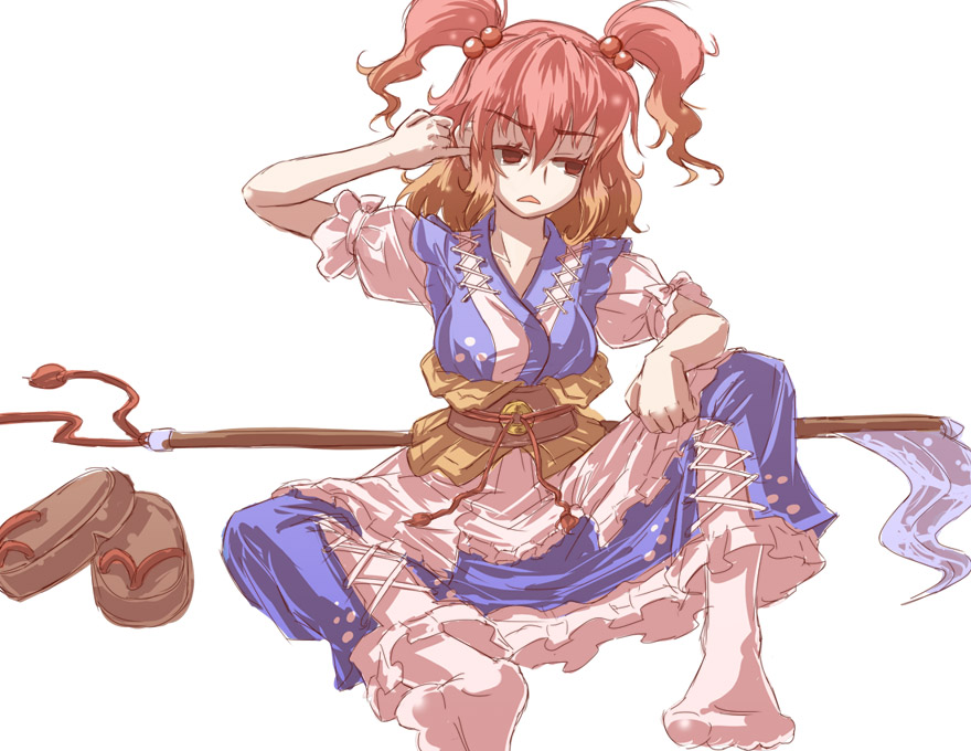 onozuka komachi, touhou, 1girl, barefoot, feet, female focus, japanese clothes, sandals, scythe, simple background, sitting, sketch, solo, spread legs, white background