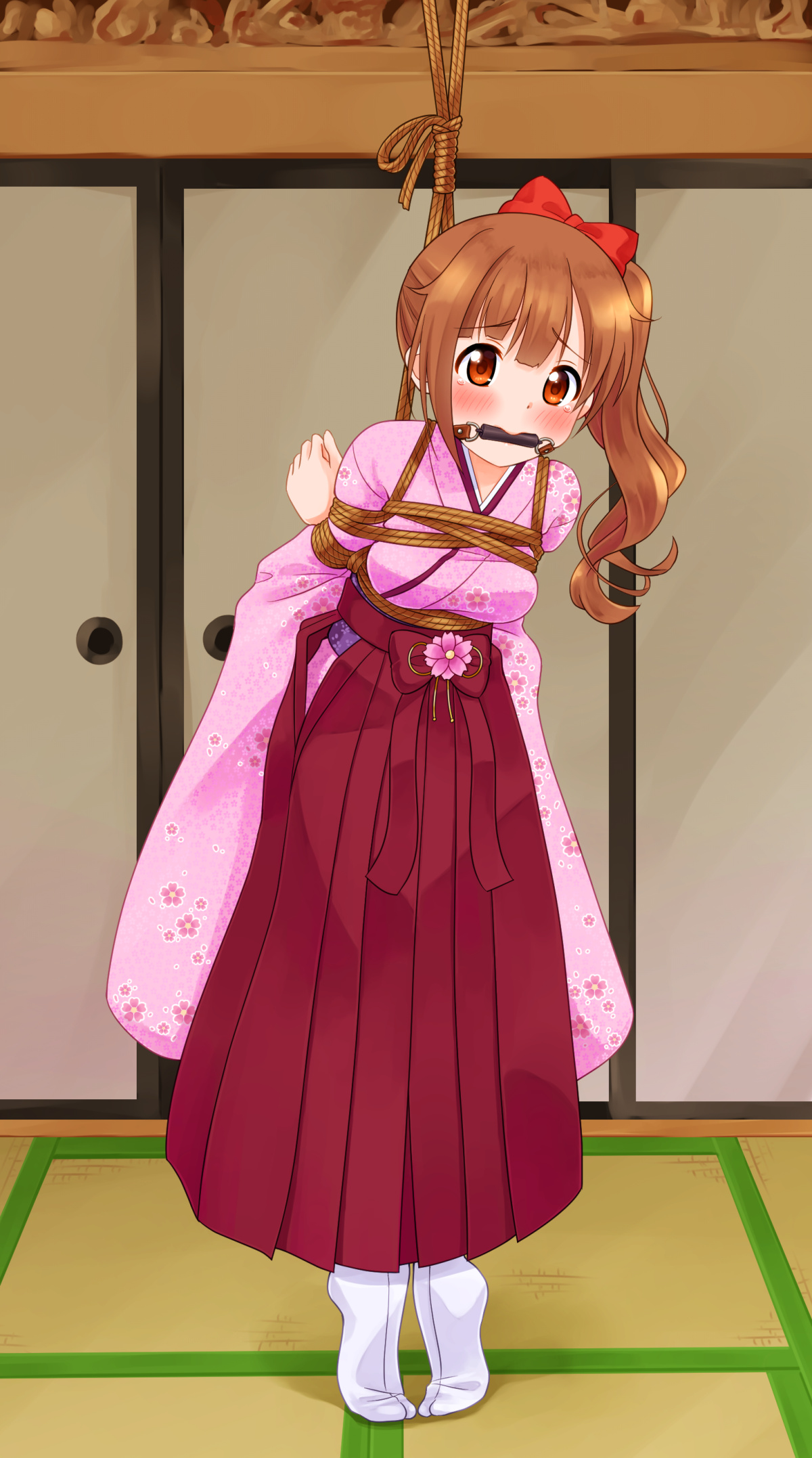 mukanata, original, highres, 1girl, arms behind back, bdsm, bit gag, blush, bondage, bound, bound arms, bound torso, bound wrists, bow, breast bondage, breasts, brown eyes, brown hair, cherry blossom print, crying, crying with eyes open, floral print, floral print kimono, gag, gagged, hakama, hakama skirt, high ponytail, japanese clothes, kimono, long hair, long sleeves, medium breasts, pink hakama, pink kimono, ponytail, print kimono, red bow, restrained, rope, shibari, shibari over clothes, skirt, solo, standing restraints, suspension, tabi, tears, wide sleeves