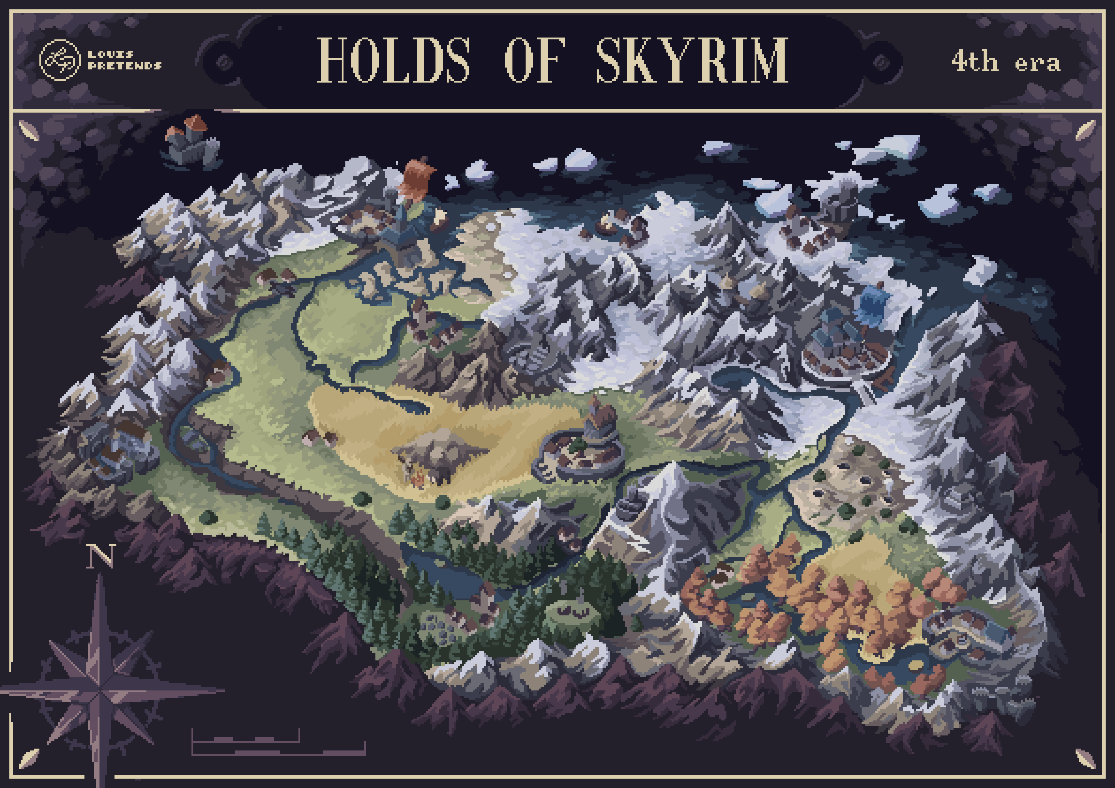 louispretends, the elder scrolls, the elder scrolls v: skyrim, absurdres, commentary, english commentary, highres, banner, battle standard, border, castle, compass rose, english text, glacier, island, lake, map (medium), mountain, pixel art, river, town, tree, war banner
