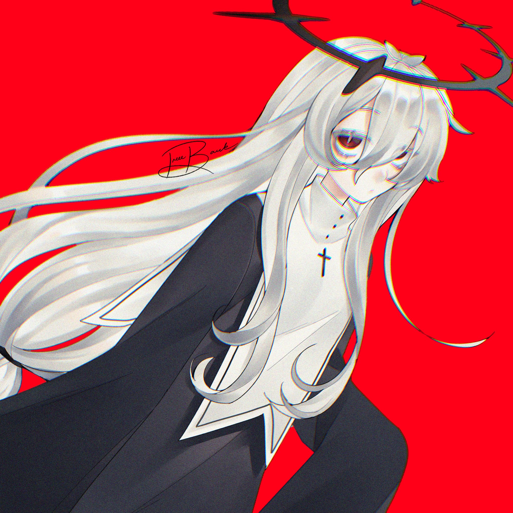 treebarkagain, gekiyaku, utau, highres, 1girl, black dress, black ribbon, bright pupils, buttons, chromatic aberration, closed mouth, colored eyelashes, cross, dress, expressionless, hair between eyes, hair ribbon, halo, jitome, long hair, long sleeves, looking at viewer, low-tied long hair, red background, red eyes, ribbon, signature, simple background, sleeves past fingers, sleeves past wrists, solo, very long hair, very long sleeves, white hair, white pupils