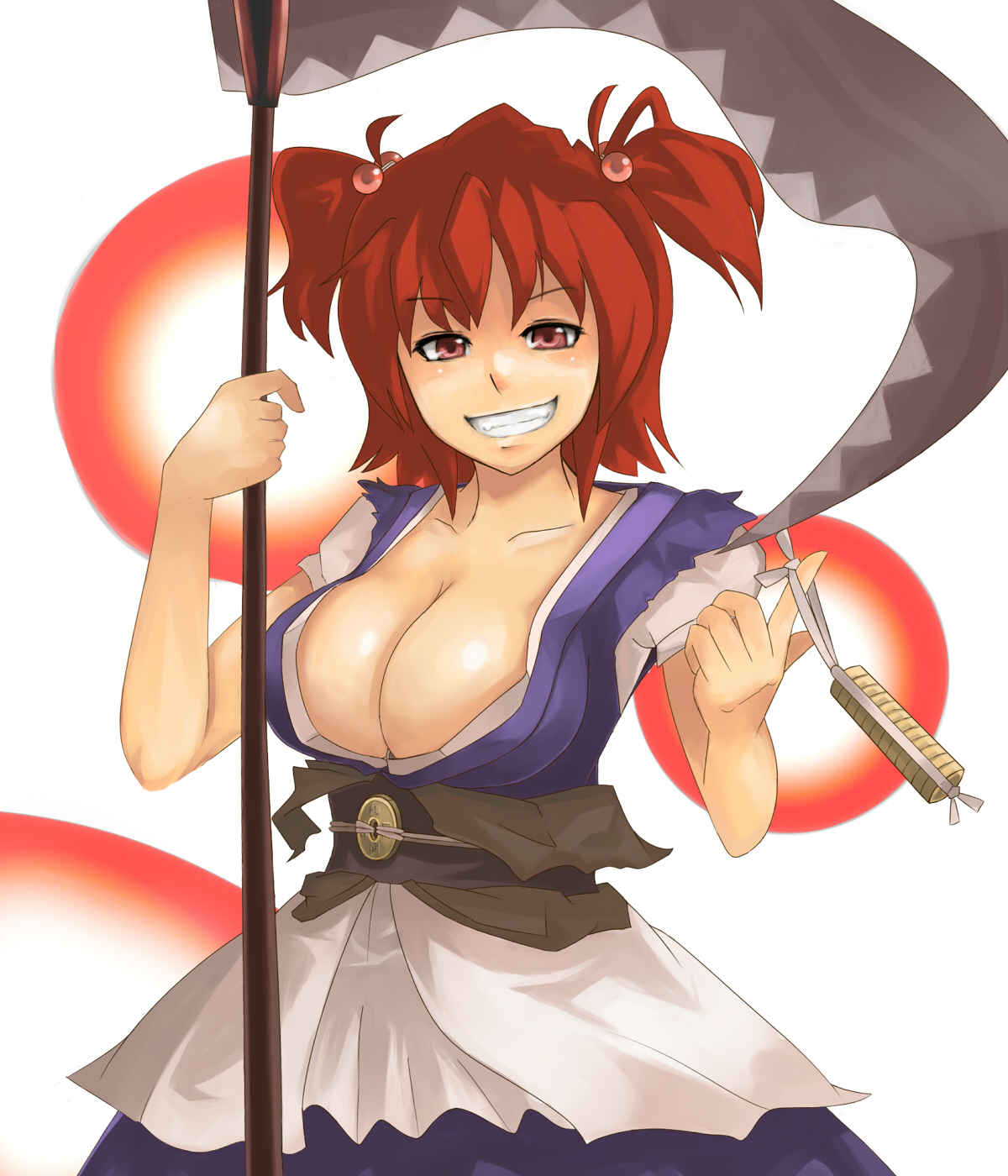 onozuka komachi, touhou, highres, 1girl, breasts, cleavage, female focus, grin, large breasts, open clothes, red eyes, red hair, smile, solo, twintails, two side up