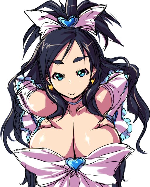 nekomamire, cure white, yukishiro honoka, futari wa precure, precure, bad id, bad pixiv id, 00s, 1girl, :>, black hair, blue eyes, breasts, brooch, cleavage, elbow gloves, female focus, gloves, hair ribbon, half updo, heart, heart brooch, huge breasts, jewelry, long hair, magical girl, ribbon, smile, solo