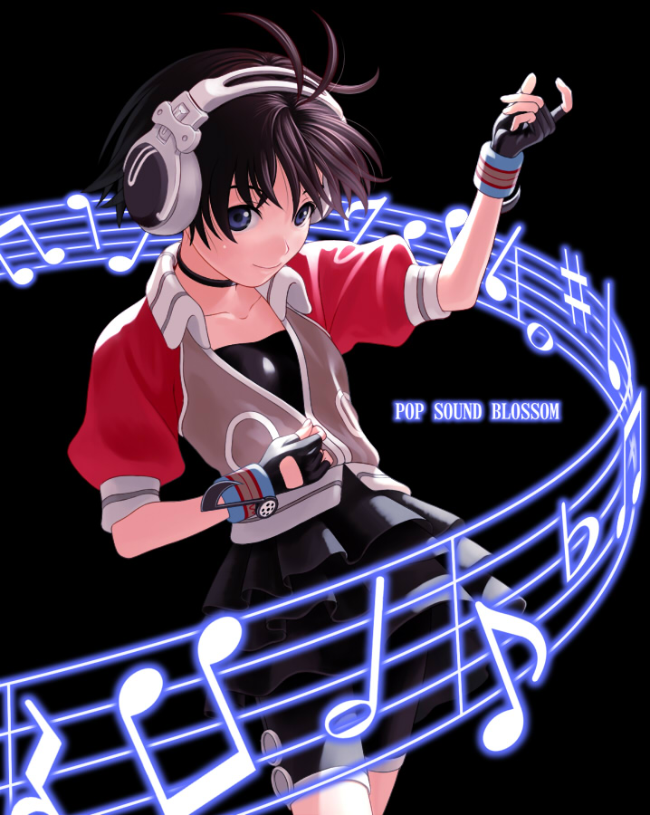 nekopuchi, kikuchi makoto, idolmaster, idolmaster (classic), idolmaster 1, pop sound blossom, 00s, 1girl, antenna hair, blue eyes, brown hair, female focus, fingerless gloves, flat chest, gloves, headphones, listening to music, musical note, musical staff, raglan sleeves, short hair, shorts, skirt, solo