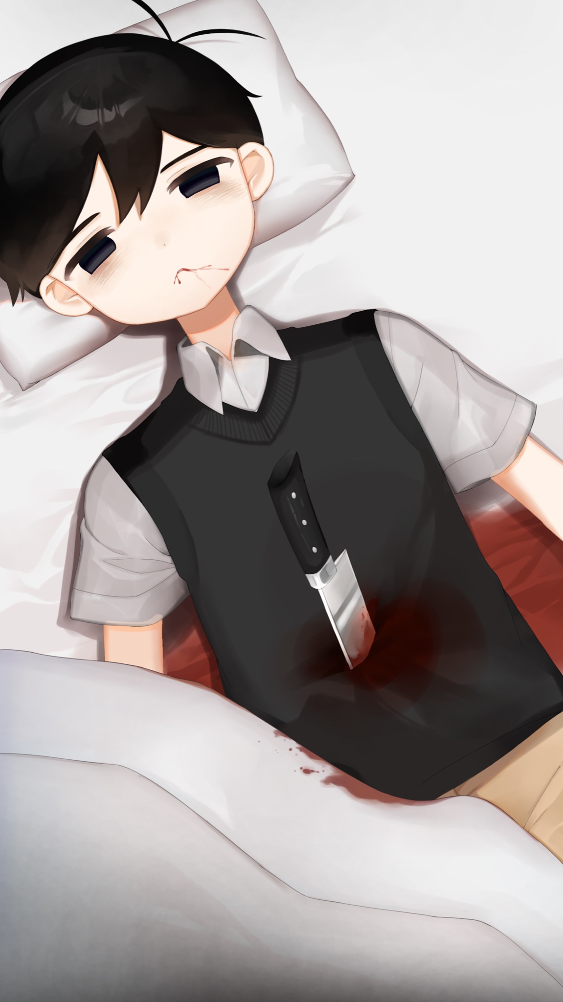 hato popo 37, sunny (omori), omori, highres, 1boy, antenna hair, black sweater vest, blood, blood on clothes, blood on face, bloody weapon, brown shorts, closed mouth, collared shirt, death, double-parted bangs, hair between eyes, head on pillow, knife, lying, male focus, on back, on bed, pillow, shirt, short hair, short sleeves, shorts, solo, stab, suicide, sweater vest, weapon, white shirt