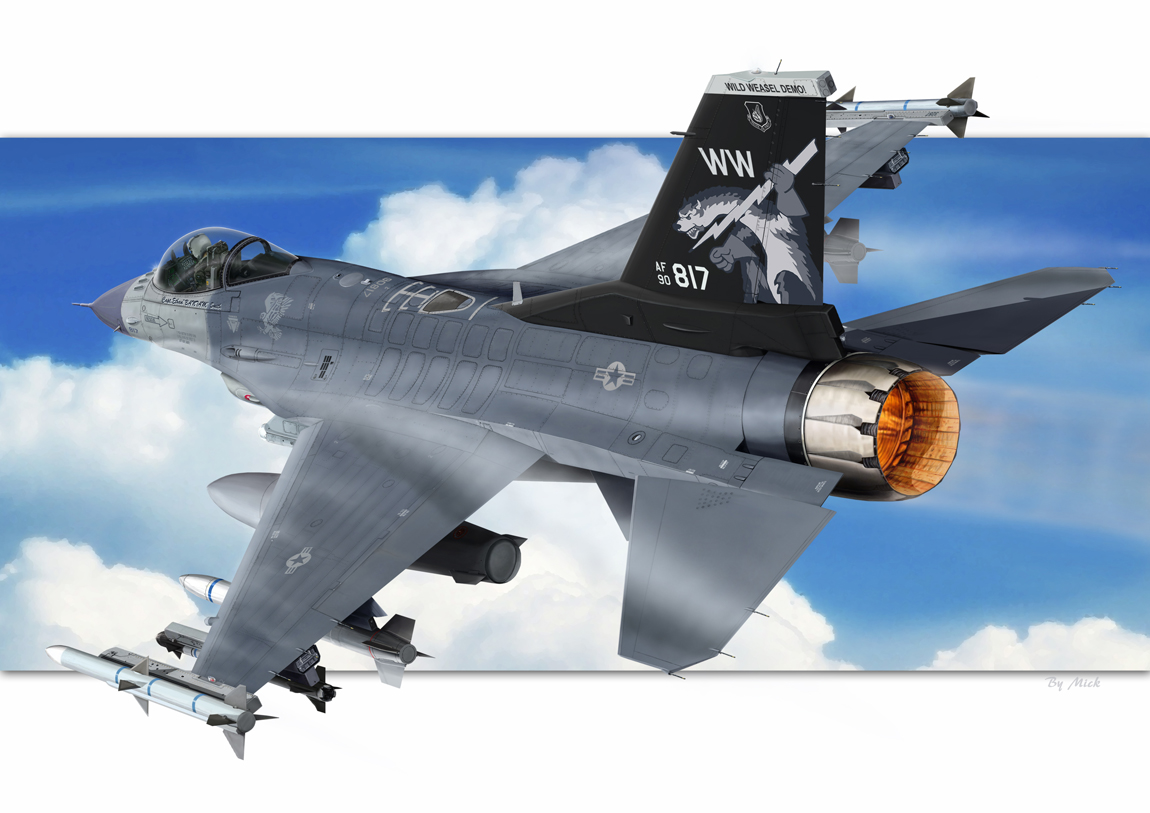 mick (m.ishizuka), original, united states air force, commentary request, marker (medium), md5 mismatch, photoshop (medium), traditional media, variant set, 1other, agm-88 harm, aim-120 amraam, aim-9 sidewinder, air-to-air missile, aircraft, airplane, blue sky, border, canopy (aircraft), cloud, cockpit, external fuel tank, f-16 fighting falcon, flying, from behind, helmet, letterboxed, military, outdoors, pilot, pilot helmet, roundel, sky, thrusters, vehicle focus, white border