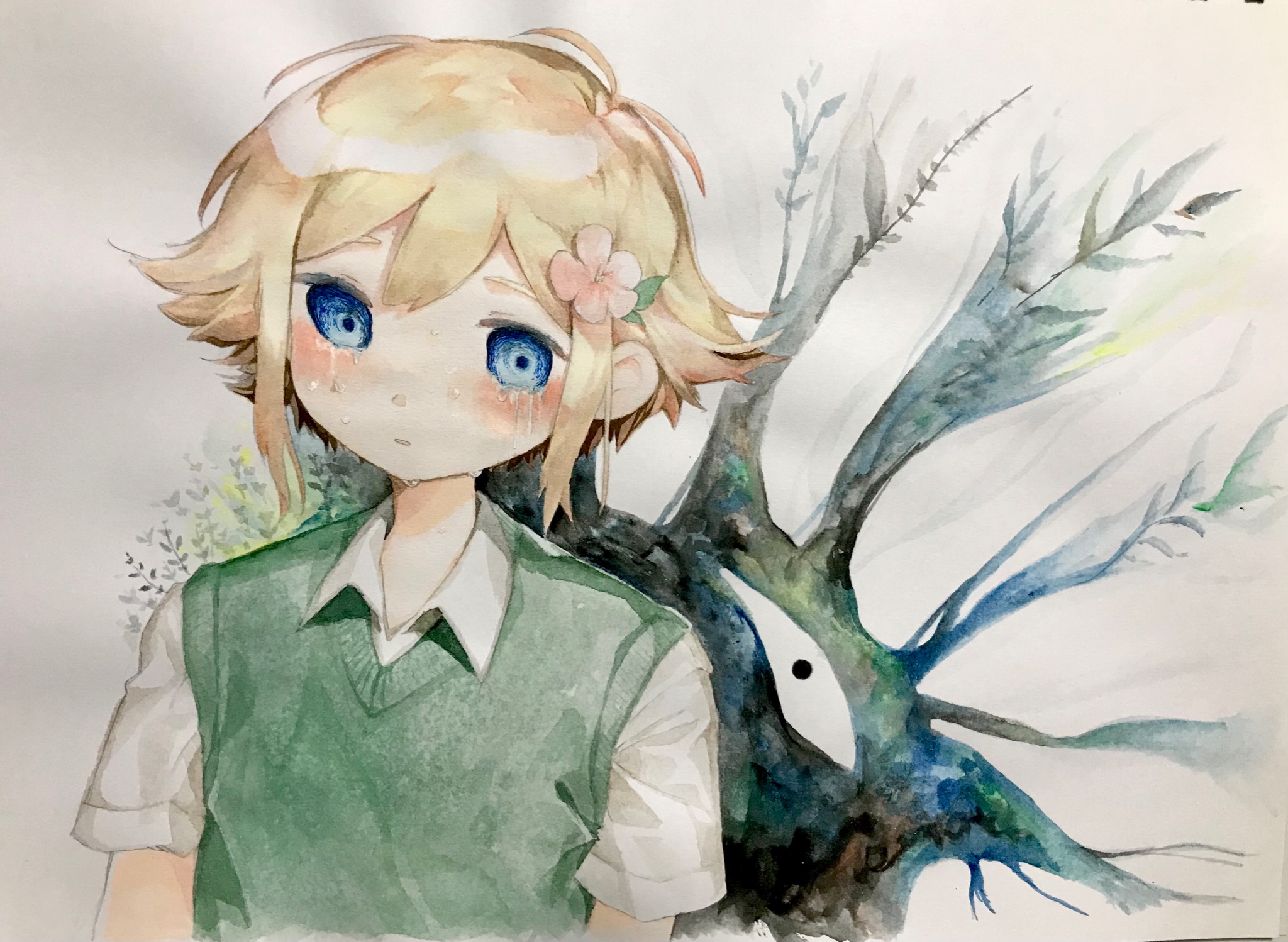 hato popo 37, basil (faraway) (omori), basil (omori), something (omori), omori, highres, traditional media, 1boy, antenna hair, blonde hair, blue eyes, closed mouth, collared shirt, crying, crying with eyes open, double-parted bangs, flower, green sweater vest, hair between eyes, hair flower, hair ornament, looking at viewer, male focus, shirt, short sleeves, sidelocks, solo, sweater vest, tears, upper body, white shirt