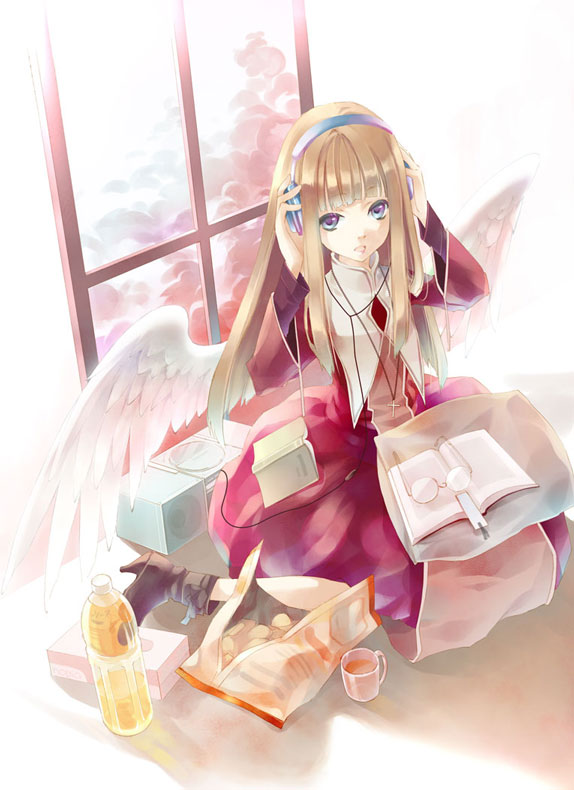 tachibana yukiji, original, angel wings, book, brown hair, dress, glasses, headphones, long hair, sitting, solo, wings