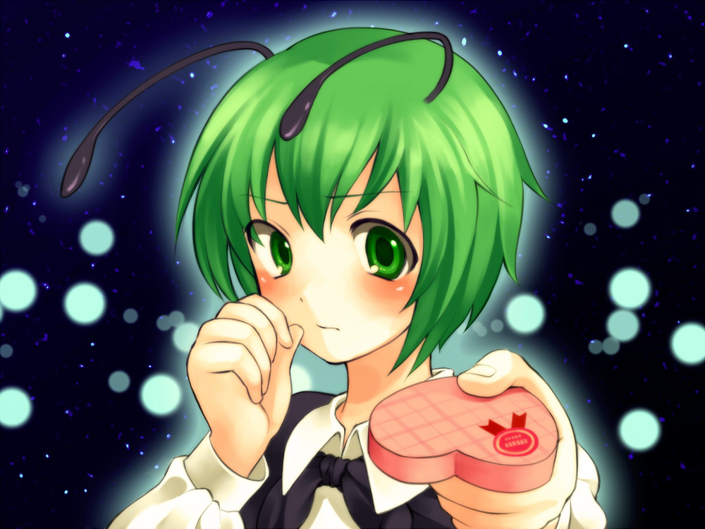 nohko, wriggle nightbug, touhou, 1girl, androgynous, antennae, blush, bug, cape, female focus, fireflies, firefly, gift, green eyes, green hair, holding, holding gift, incoming gift, matching hair/eyes, reverse trap, short hair, solo, valentine