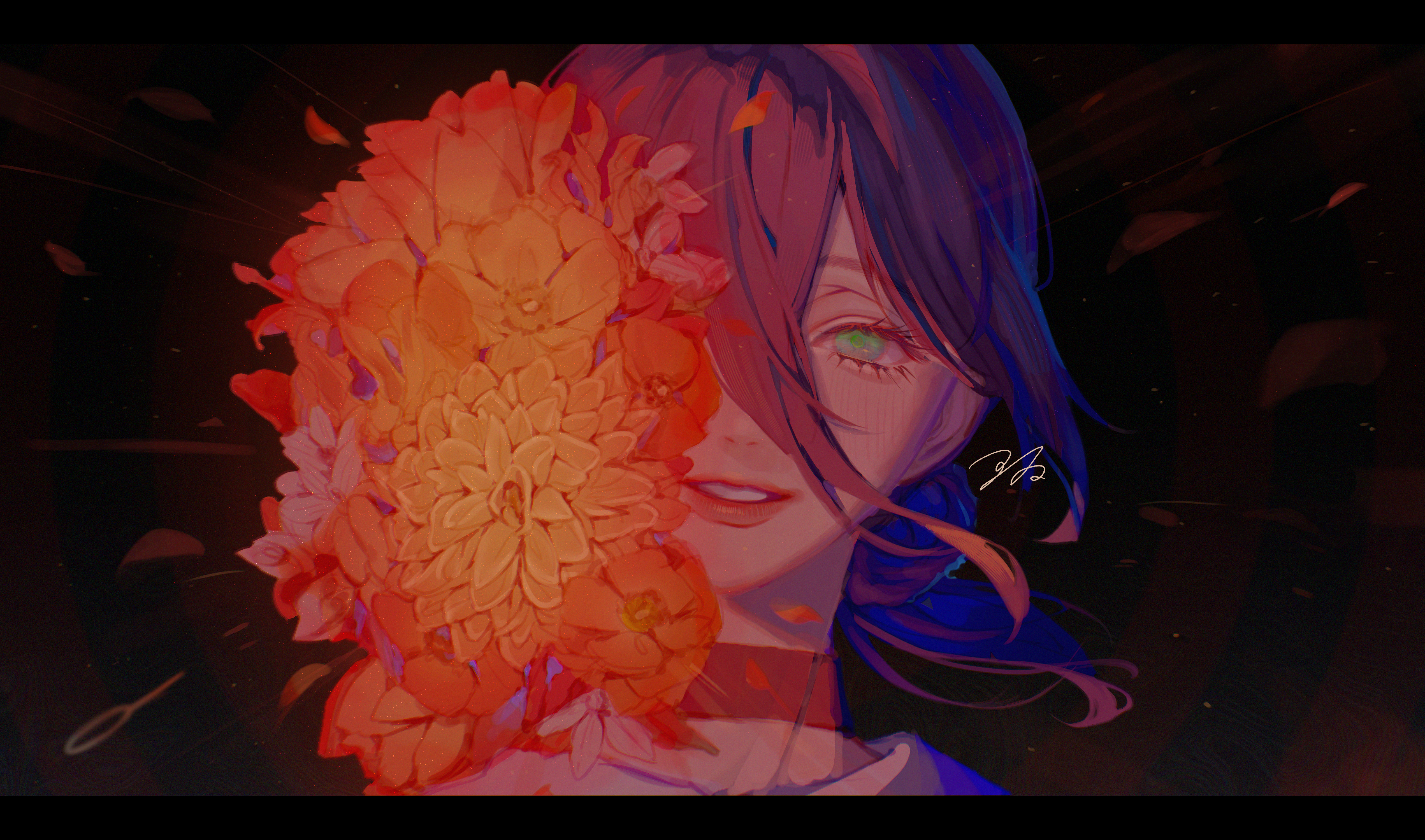 reze (chainsaw man), chainsaw man, absurdres, highres, 1girl, choker, flower, green eyes, grenade pin, looking at viewer, orange flower, purple choker, purple hair, signature, solo, suidrawsui