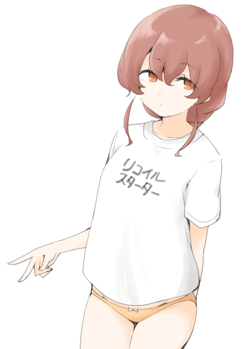 akara kai, souya (kancolle), kantai collection, highres, 1girl, braid, brown hair, cowboy shot, long hair, looking at viewer, orange eyes, panties, shirt, short sleeves, single braid, solo, underwear, v, white background, white shirt, yellow panties