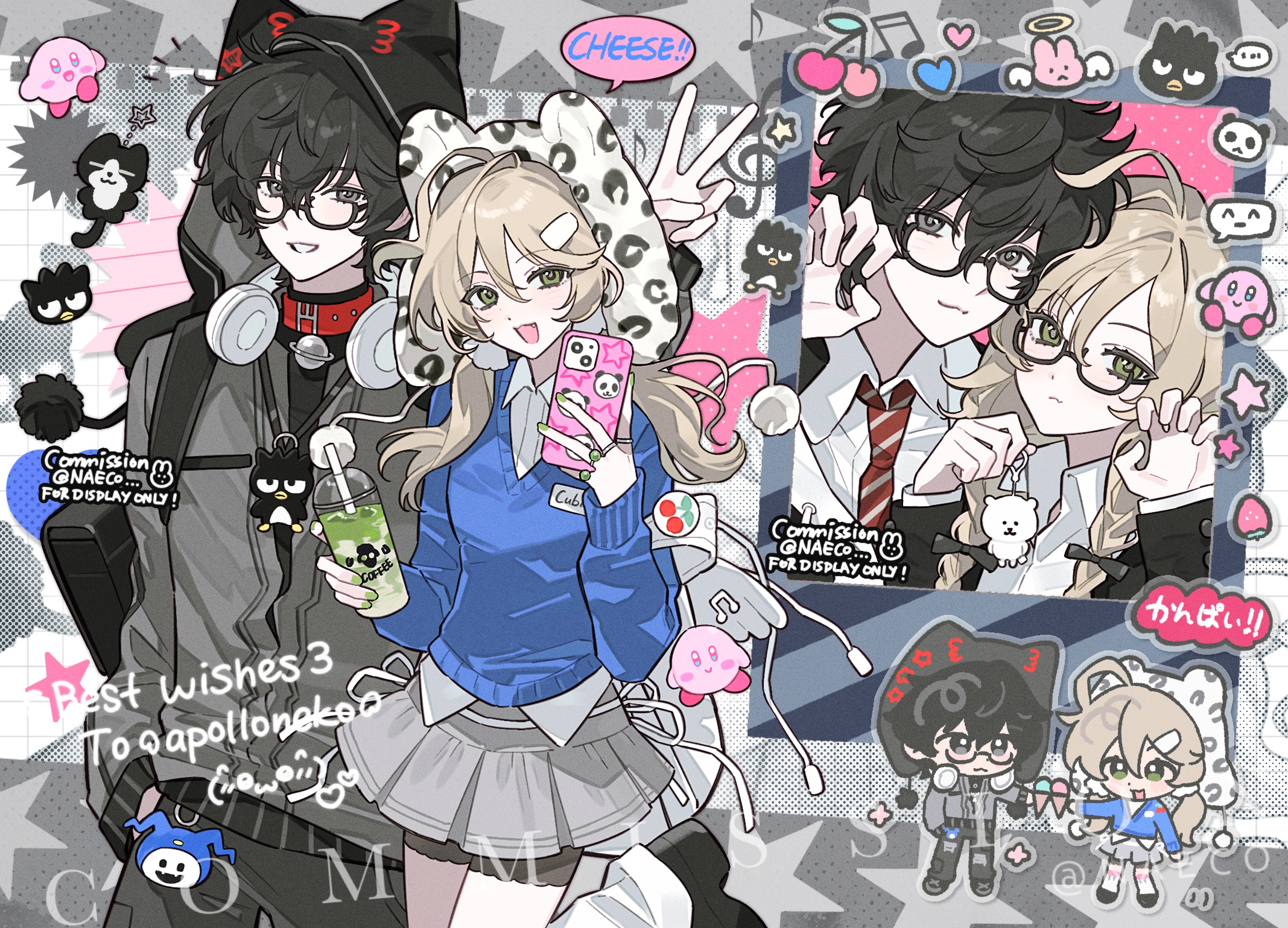 original, highres, 1boy, 1girl, animal ears, animal hood, black hair, blonde hair, blue sweater, braid, chibi, chibi inset, english text, evodtonaeco, fake animal ears, glasses, green eyes, hair between eyes, hair ornament, headphones, headphones around neck, heart, holding, hood, hood up, hooded jacket, hoodie, jacket, long hair, long sleeves, looking at viewer, multiple views, necktie, phone, pleated skirt, school uniform, short hair, skirt, smile, sweater, twintails, watermark