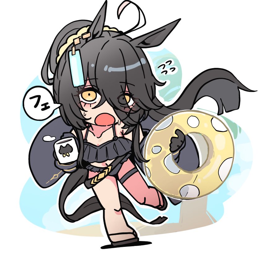 kawamochi (kawauti919), manhattan cafe (umamusume), umamusume, commentary request, translation request, 1girl, :o, ahoge, animal ears, bikini, bikini under clothes, black bikini, black gloves, black hair, black jacket, black sandals, chibi, collarbone, cup, eyes visible through hair, flying sweatdrops, frilled bikini, frills, full body, gloves, hair over one eye, holding, holding swim ring, horse ears, horse girl, horse tail, innertube, jacket, long hair, looking at viewer, mug, multicolored hair, navel, off shoulder, open clothes, open jacket, open mouth, ponytail, sandals, solo, sweat, swim ring, swimsuit, tail, two-tone hair, very long hair, white hair, yellow eyes