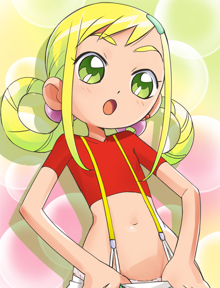 haruyama kazunori, asuka momoko, ojamajo doremi, 1girl, blonde hair, blush, female focus, flat chest, green eyes, hair rings, loli, midriff, navel, pussy, pussy peek, solo, suspenders