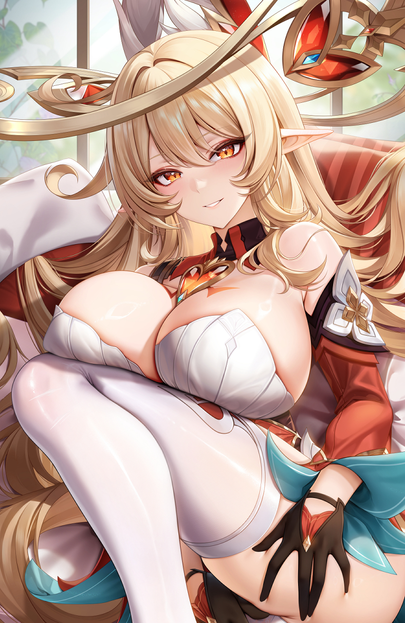 jg&solin, alice (genshin impact), genshin impact, highres, 1girl, alternate breast size (larger), black gloves, blonde hair, breasts, detached sleeves, diamond-shaped pupils, diamond (shape), gloves, hair between eyes, hair ornament, hat, huge breasts, long hair, long sleeves, looking at viewer, orange eyes, parted lips, pointy ears, smile, solo, symbol-shaped pupils, thighhighs, very long hair, white thighhighs, witch, witch hat
