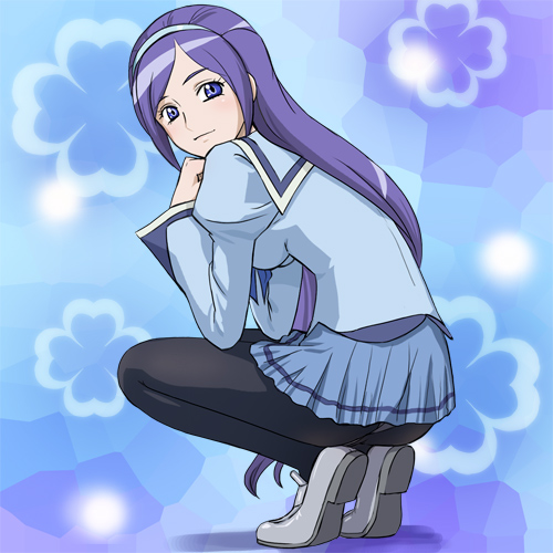 haruyama kazunori, aono miki, fresh precure!, precure, lowres, 00s, 1girl, ass, blush, eyelashes, female focus, hairband, long hair, looking back, panties, panties under pantyhose, pantyhose, pantyshot, purple eyes, purple hair, school uniform, skirt, solo, squatting, underwear