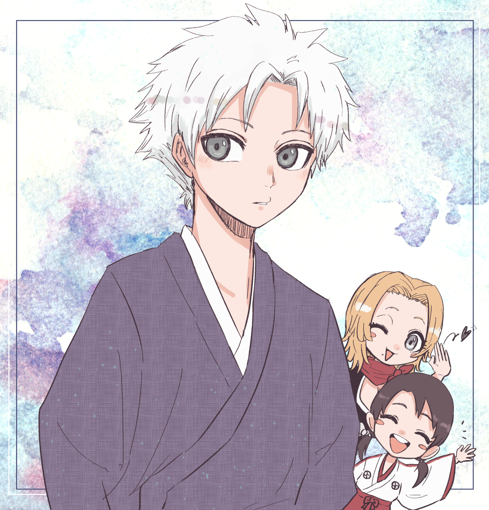 ikuno taso, hinamori momo, hitsugaya toushirou, matsumoto rangiku, bleach, commentary request, 1boy, 2girls, bandana, bandana around neck, black hair, blonde hair, blush stickers, closed eyes, grey eyes, hakama, japanese clothes, low twintails, mole, multiple girls, official alternate hairstyle, one eye closed, red bandana, red hakama, twintails, waving, white hair