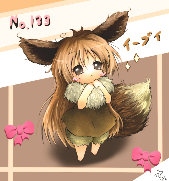 ito nezumi, mouse thread, eevee, nintendo, pokemon, 1girl, :<, animal ears, brown eyes, brown hair, costume, female focus, gen 1 pokemon, long hair, personification, pokedex number, solo, tail