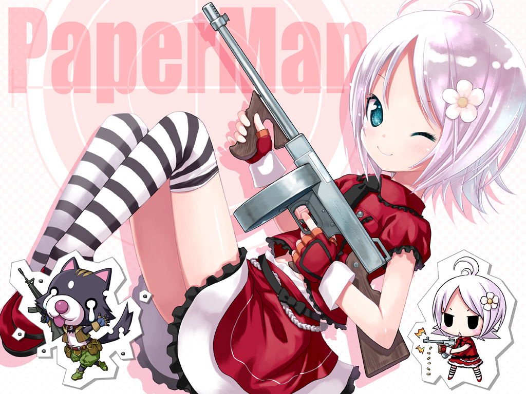 kiira, paper man, striped legwear, assault rifle, blush, casing ejection, chibi, child, colt commando, drum magazine, firing, gun, m16, m16a1, magazine (weapon), one eye closed, pink hair, rifle, shell casing, short hair, skirt, striped clothes, striped thighhighs, submachine gun, thighhighs, thompson submachine gun, weapon, wink