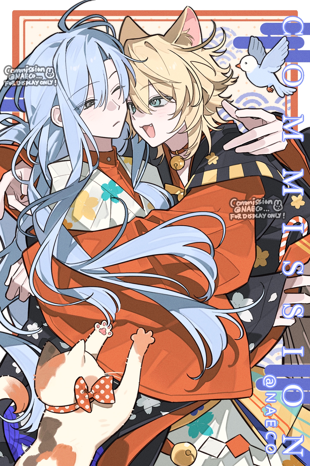 original, highres, 2boys, animal ears, bell, bird, bishounen, blonde hair, blue eyes, blue hair, bow, cat, cat boy, cat ears, evodtonaeco, hair between eyes, hug, japanese clothes, long hair, long sleeves, male focus, multiple boys, neck bell, one eye closed, open mouth, short hair, smile, wide sleeves
