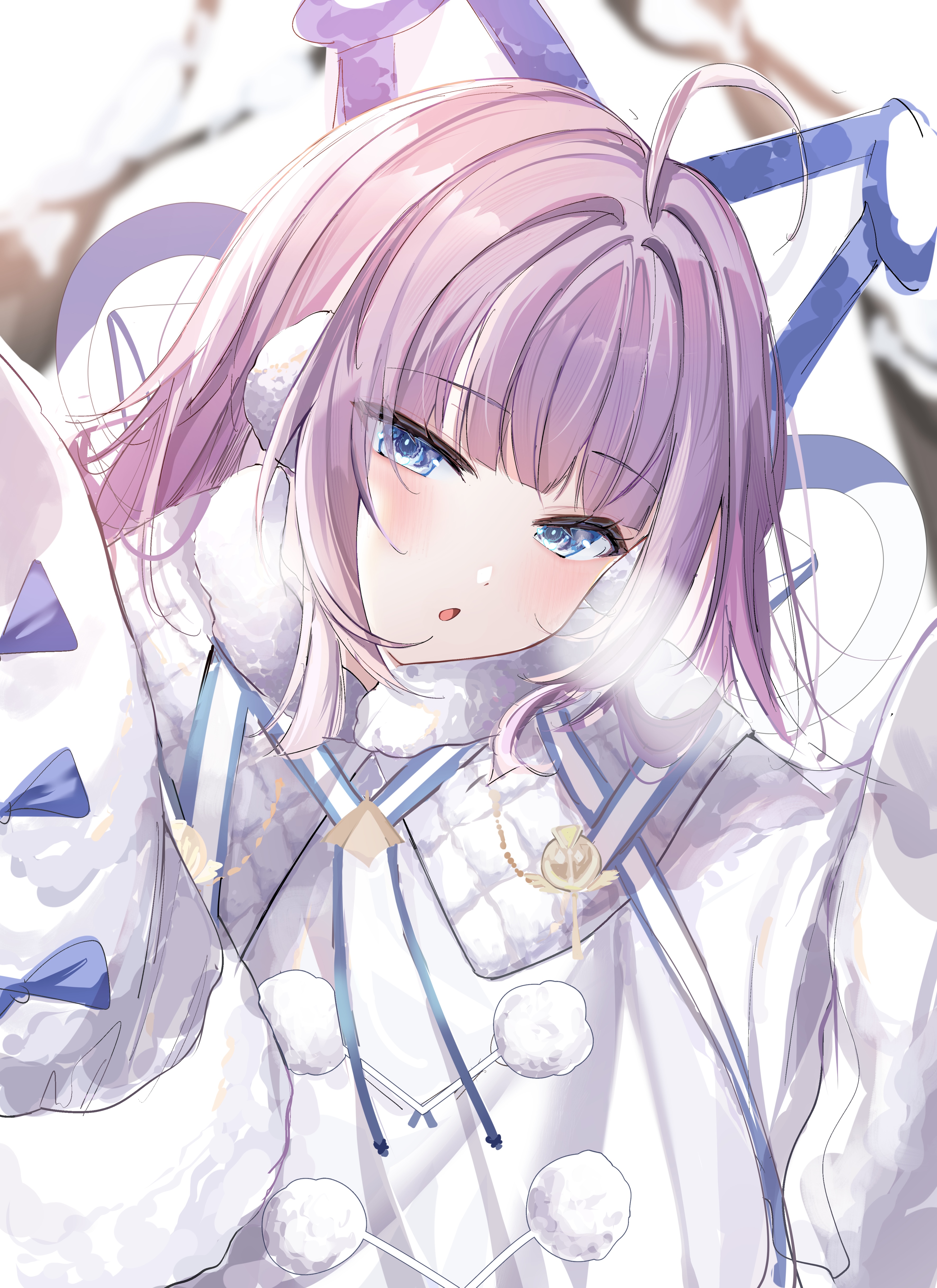 suimo (suimodayo), tashkent (azur lane), azur lane, absurdres, commentary request, highres, 1girl, :o, ahoge, animal ears, backlighting, blue eyes, blurry, blurry background, blush, coat, day, fake animal ears, fur-trimmed coat, fur-trimmed sleeves, fur trim, long hair, long sleeves, looking at viewer, open mouth, outdoors, puff of air, purple hair, ribbon, sleeves past fingers, sleeves past wrists, snow, solo, tree, very long sleeves, white coat, winter, winter clothes