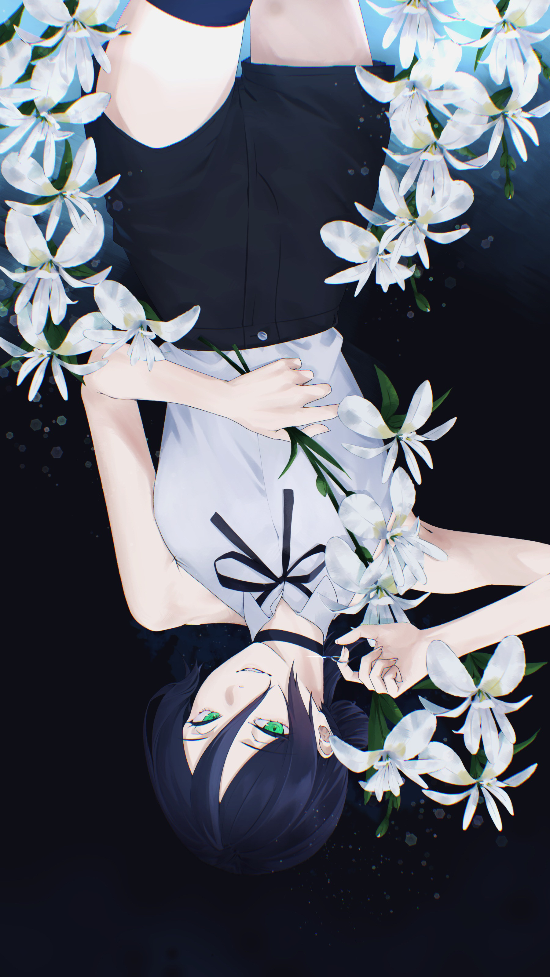 reze (chainsaw man), chainsaw man, absurdres, commentary request, highres, 1girl, black choker, black hair, black ribbon, black shorts, choker, flower, green eyes, grey shirt, hair between eyes, hair bun, holding, holding flower, kou13okm, looking at viewer, neck ribbon, ribbon, shirt, shirt tucked in, shorts, sleeveless, sleeveless shirt, solo, upside-down, white flower