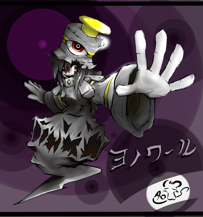 ito nezumi, mouse thread, dusknoir, nintendo, pokemon, 1girl, black hair, costume, female focus, gen 4 pokemon, long hair, personification, pokemon (creature), red eyes, solo