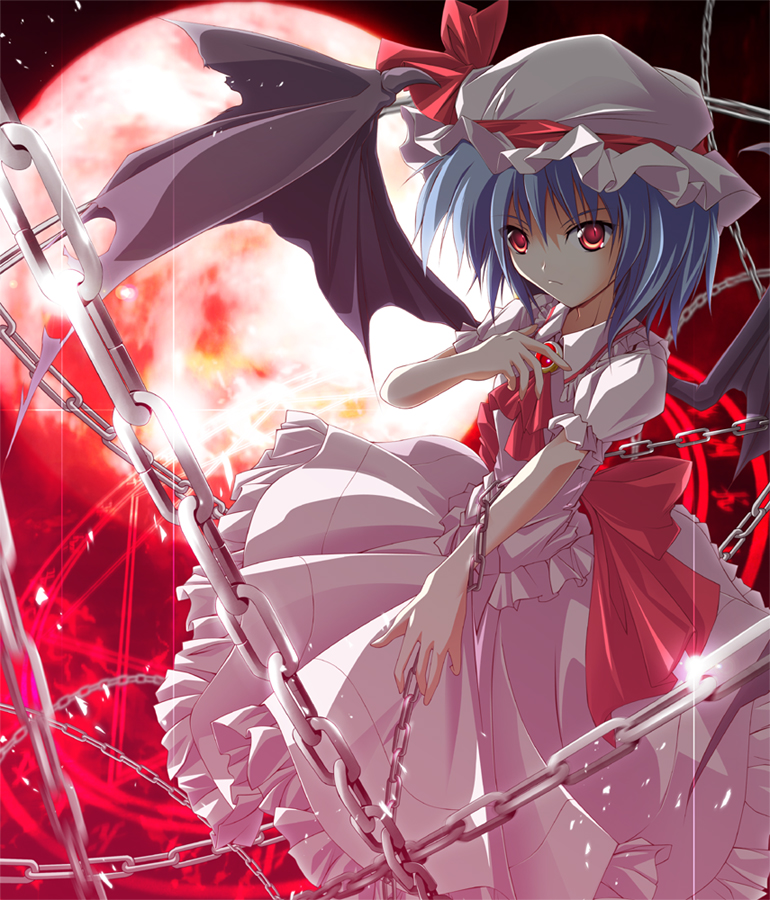 zb (dawn-blue), remilia scarlet, touhou, 1girl, bat wings, blue hair, chain, dress, female focus, hat, moon, outdoors, purple hair, red eyes, red moon, ribbon, short hair, sky, solo, wings