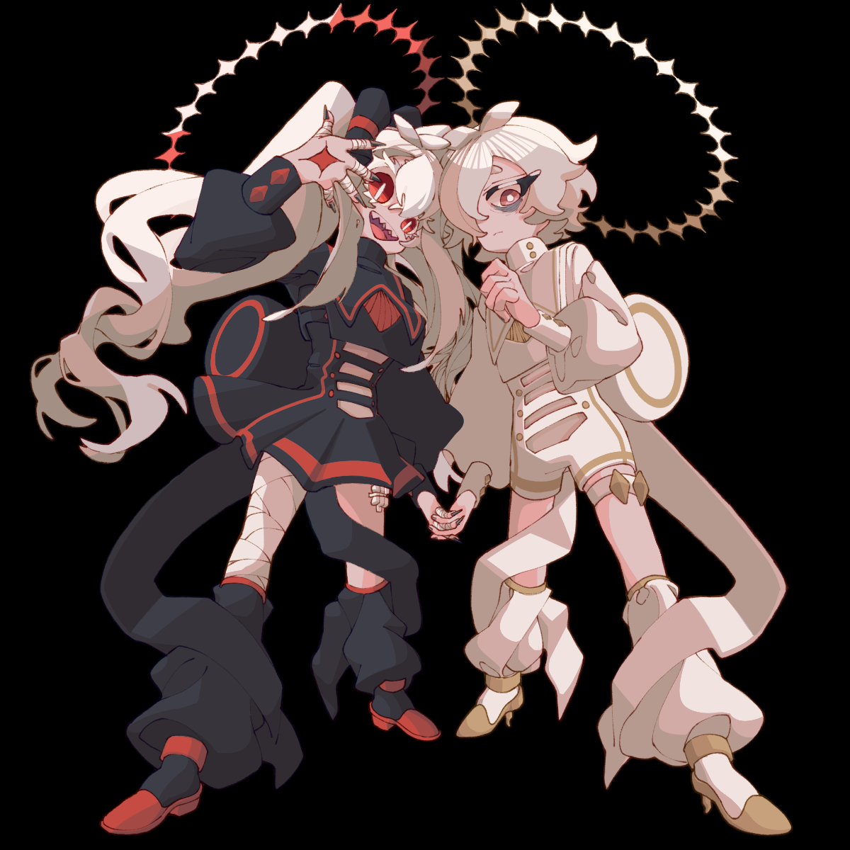 gekiyaku, gekiyaku (vocaloid6), kazehiki (utau), kazehiki (vocaloid6), vocaloid, highres, 1boy, 1girl, ahoge, back bow, bags under eyes, bandaged fingers, bandaged leg, bandages, black background, black bow, black dress, black jacket, black leg warmers, blonde hair, bow, breasts, bright pupils, buttons, closed mouth, dress, expressionless, from below, gakubutiriku, gauze, gauze on leg, gold sandals, gold trim, hair bow, halo, holding hands, jacket, jitome, leg warmers, long hair, long sleeves, looking at viewer, medium breasts, open mouth, puffy long sleeves, puffy sleeves, red eyes, red sandals, red trim, sandals, sharp teeth, short hair, shorts, simple background, slit pupils, teeth, thigh strap, turtleneck, turtleneck jacket, twintails, very long hair, white bow, white hair, white jacket, white leg warmers, white pupils, white shorts