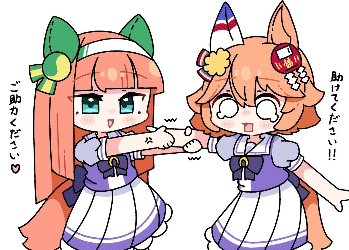 temu (kobaeihuk), matikanefukukitaru (umamusume), silence suzuka (umamusume), umamusume, animal ears, blunt bangs, bow, clover hair ornament, daruma doll, daruma doll hair ornament, ear bow, ear covers, ear flower, flipped hair, four-leaf clover hair ornament, hair ornament, hairband, hime cut, horse ears, horse girl, horse tail, horseshoe ornament, maneki-neko, orange hair, orange tail, school uniform, single ear cover, tail, tracen school uniform, veins, veiny arms, white hairband