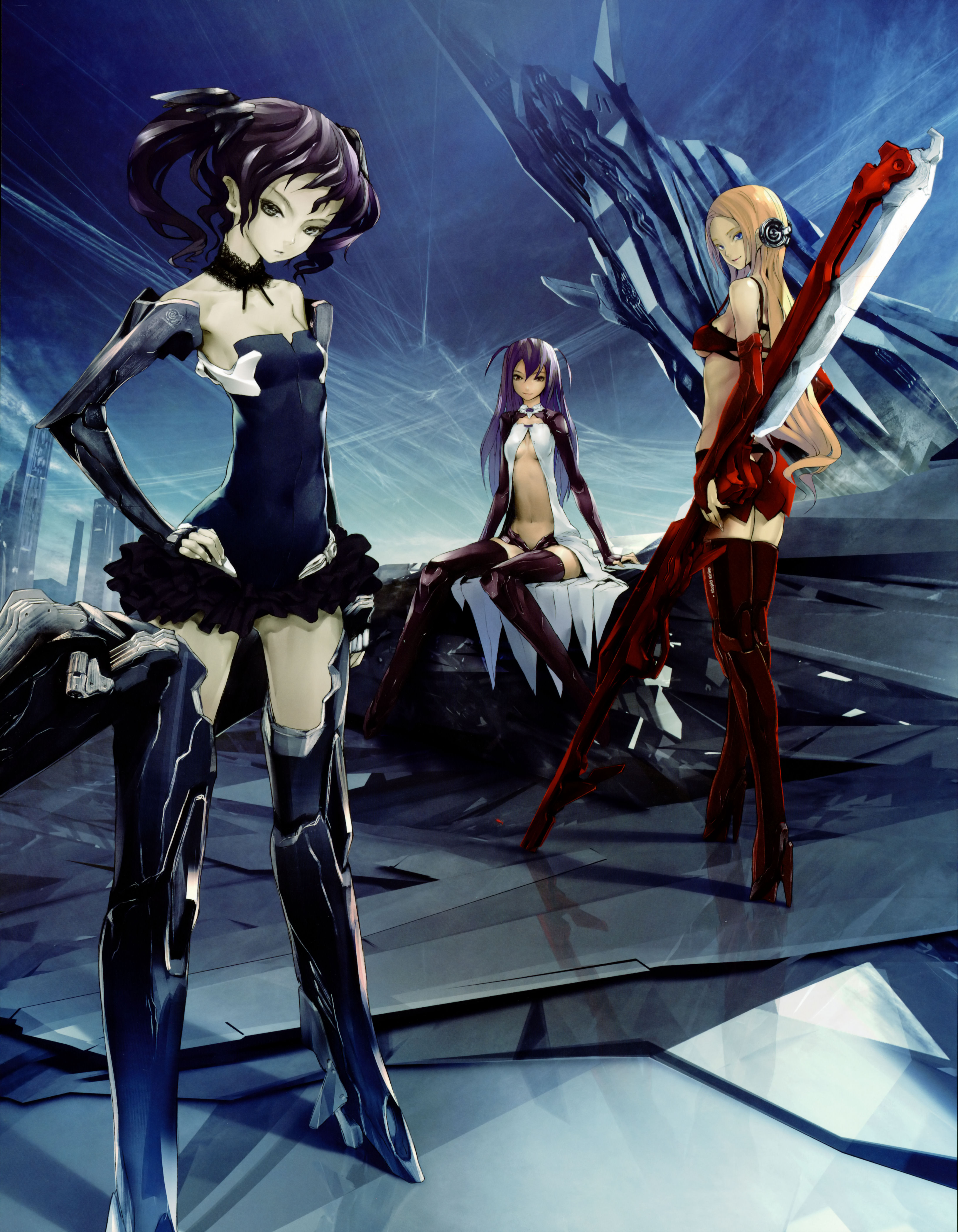 redjuice, original, absurdres, highres, scan, 3girls, blonde hair, blue eyes, breasts, cape, choker, cloud, dress, fingerless gloves, flat chest, gloves, grey eyes, hand on own hip, high heels, hip focus, mecha musume, medium breasts, miniskirt, multiple girls, open clothes, open shirt, purple hair, shirt, shoes, skirt, small breasts, thighhighs, underboob, weapon