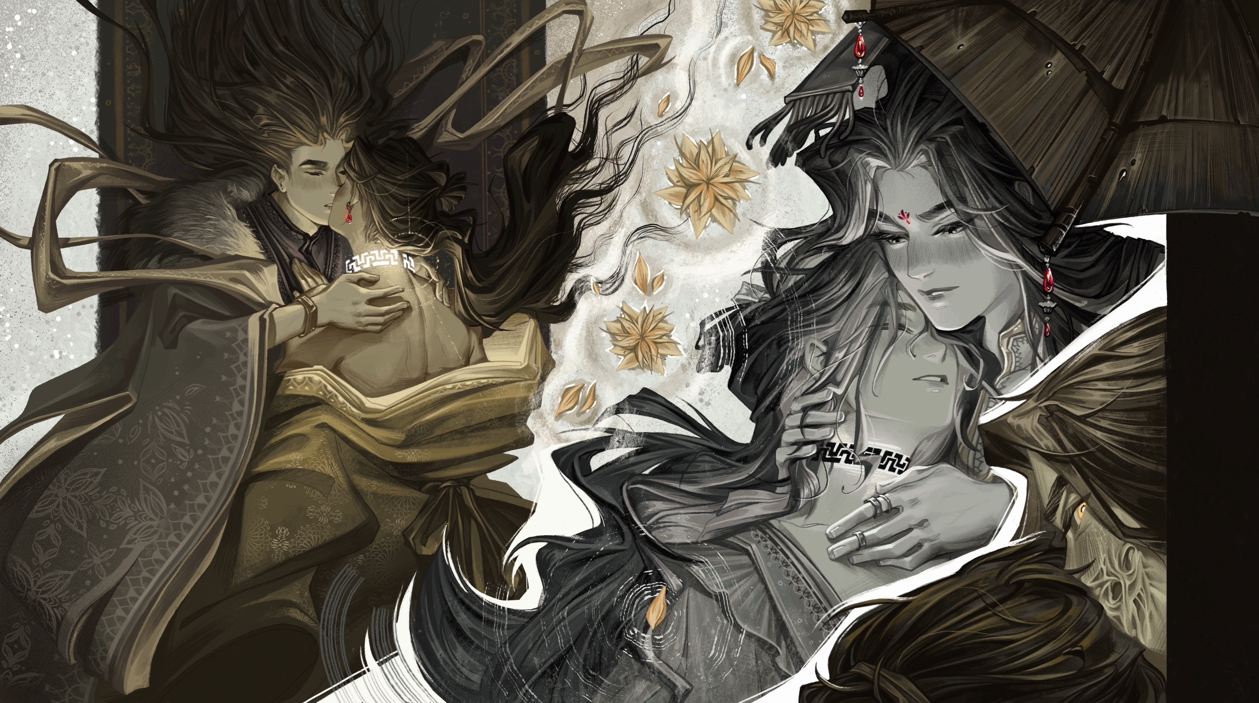 amonimy, jun wu, xie lian, tianguan cifu, commentary, highres, spoilers, 2boys, abstract background, bare back, black eyes, black hair, bracelet, brown hair, brown shawl, brown theme, chinese clothes, cloak, closed eyes, collarbone, cursed shackle, earrings, facial mark, floating hair, floral print, flower, forehead mark, from behind, fur-trimmed cloak, fur trim, gem, glowing, gold, guan hat, hair bun, hand on another's chest, hand on another's neck, high collar, huadian, jewelry, kiss, long hair, looking at another, looking at viewer, male focus, mian guan, multiple boys, multiple rings, multiple views, ornate clothes, parted lips, red gemstone, ring, ripples, russian commentary, shawl, single hair bun, smoke, umbrella, undressing, water, yaoi, yellow eyes, yellow flower