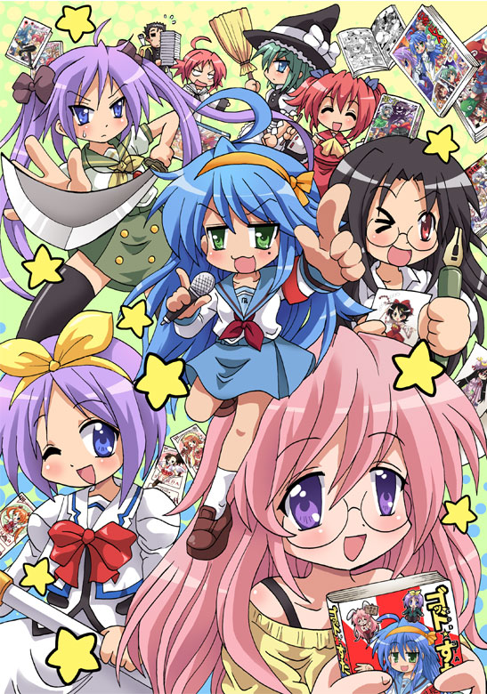 colonel aki, endou aya, fuura kafuka, hakurei reimu, hiiragi kagami, hiiragi tsukasa, hirano aya, iwasaki minami, izumi konata, kagurazaka asuna, kamiazuma yumiko, kirisame marisa, kobayakawa yutaka, kogami akira, komori kiri, konpaku youmu, luigi, mario, raising heart, sakurazaki setsuna, shana, sheryl nome, shiraishi minoru, suzumiya haruhi, takamachi nanoha, takara miyuki, tamura hiyori, lucky star, lyrical nanoha, macross, macross frontier, mahou sensei negima!, mahou shoujo lyrical nanoha, mario (series), nintendo, sayonara zetsubou sensei, shakugan no shana, super mario bros. 1, suzumiya haruhi no yuuutsu, touhou, touka gettan, 1boy, 6+girls, ahoge, antenna hair, blonde hair, book, bow, broom, card, cosplay, glasses, hair bow, hakurei reimu (cosplay), hat, kamiazuma yumiko (cosplay), katana, kirisame marisa (cosplay), microphone, mole, mole under eye, multiple girls, pactio, pen, shana (cosplay), sheryl nome (coplay), sheryl nome (cosplay), siblings, sisters, skirt, star (symbol), suzumiya haruhi (cosplay), sword, takamachi nanoha (cosplay), thighhighs, twins, twintails, voice actor connection, weapon, witch, witch hat, zettai ryouiki