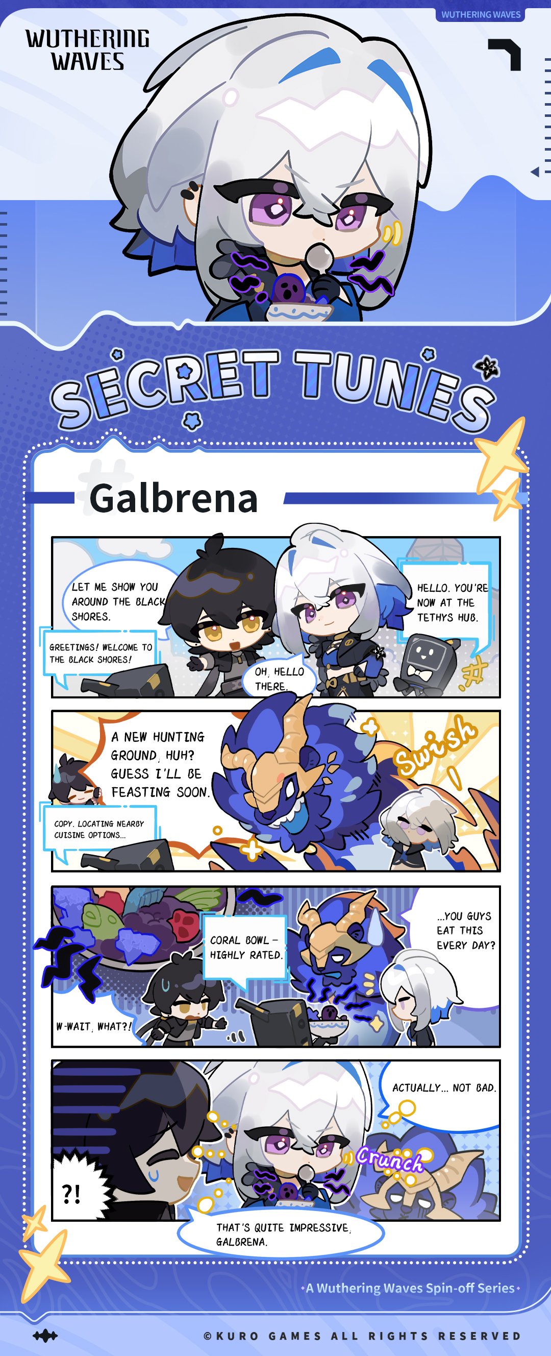 fanniko, galbrena (wuthering waves), male rover (wuthering waves), rover (wuthering waves), wuthering waves, absurdres, commentary, highres, official art, second-party source, !?, +++, 1boy, 1girl, black hair, blue bra, bra, chibi, chibi only, chimera (wuthering waves), closed mouth, eating, english text, grey hair, grey shirt, hair between eyes, kuro games, logo, looking at viewer, medium hair, open mouth, purple eyes, shirt, sidelocks, smile, solo, tacet discord (wuthering waves), underwear, yellow eyes