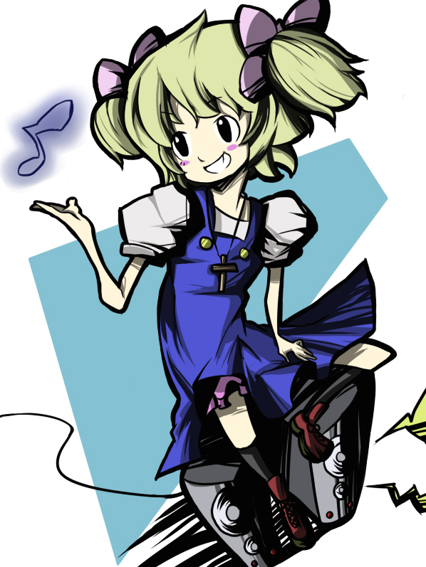 hatchin morenos, michiko to hacchin, 1girl, black eyes, black socks, blonde hair, blush, cross, dress, female focus, grin, hair ribbon, kneehighs, musical note, ribbon, sitting, smile, socks, solo, speaker, twintails